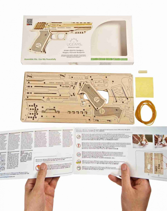 Drewniany model 3D pistolet na gumki Ugears